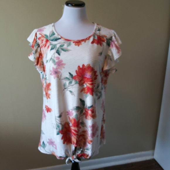 Cato Tops - Cato White Floral Eyelet Knotted Blouse with Flutter Sleeves